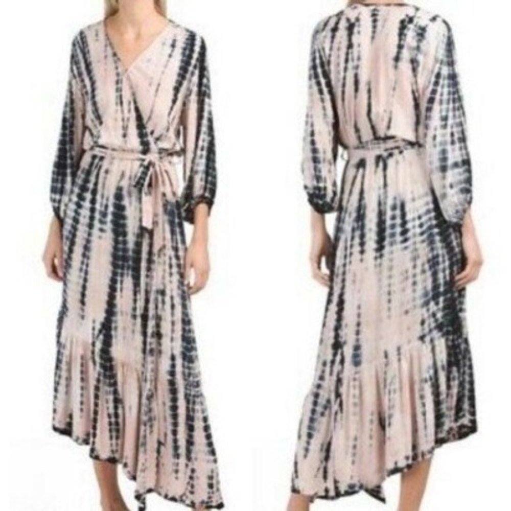 Young Fabulous & Broke Jillian Tie-Dye Faux Wrap Dress Peach‎ Black XS